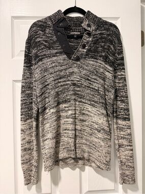 Express Black & Cream Marled V-Neck Sweater with Button Placket